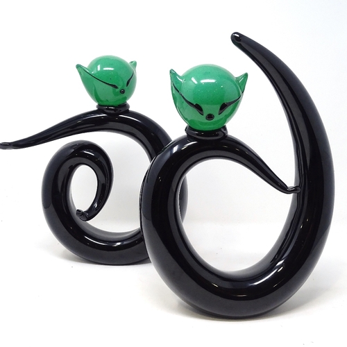 248 - A pair of Murano mid-century Studio glass cat sculptures, black glass bodies with green glass heads,... 