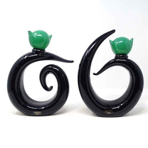 248 - A pair of Murano mid-century Studio glass cat sculptures, black glass bodies with green glass heads,... 