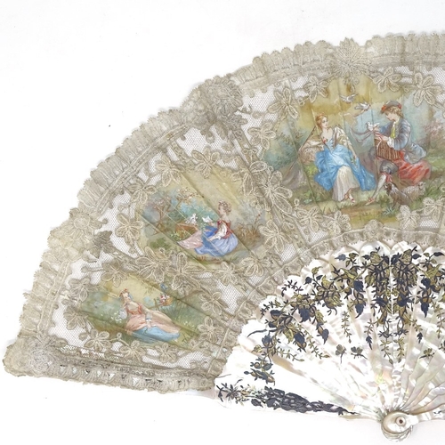 249 - A 19th century carved pierced and gilded mother-of-pearl fan, with hand painted lace screen depictin... 