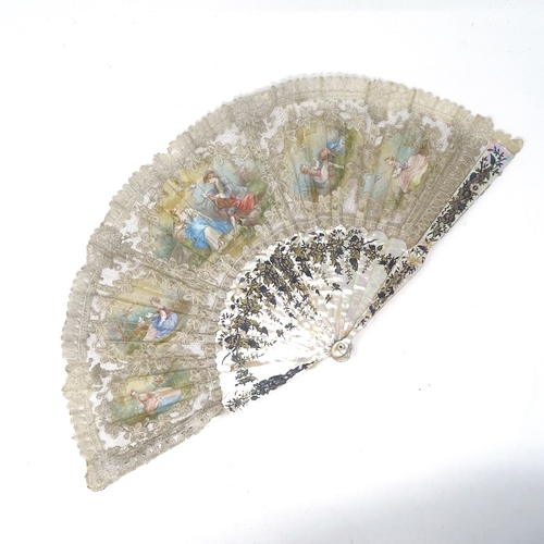 249 - A 19th century carved pierced and gilded mother-of-pearl fan, with hand painted lace screen depictin... 