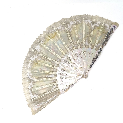 249 - A 19th century carved pierced and gilded mother-of-pearl fan, with hand painted lace screen depictin... 