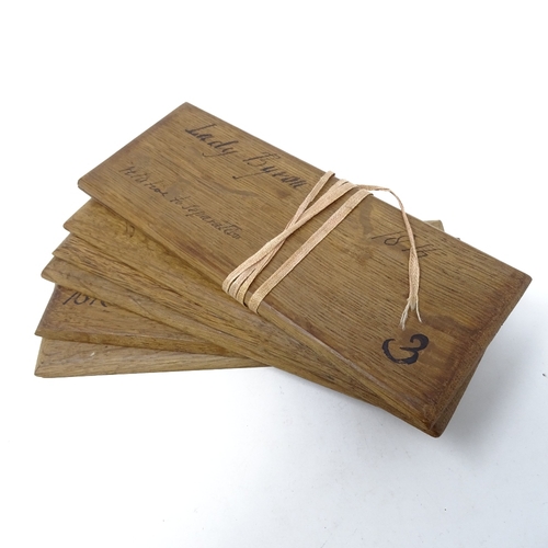 250 - A set of 7 oak letter binding blocks, with handwritten inscriptions relating to Lord and Lady Byron,... 