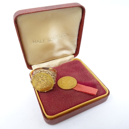 252 - 1909 gold half sovereign in 9ct gold ring mount, gross weight 10.2g, and a 1910 gold half sovereign ... 