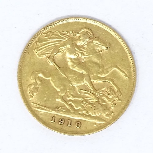 252 - 1909 gold half sovereign in 9ct gold ring mount, gross weight 10.2g, and a 1910 gold half sovereign ... 