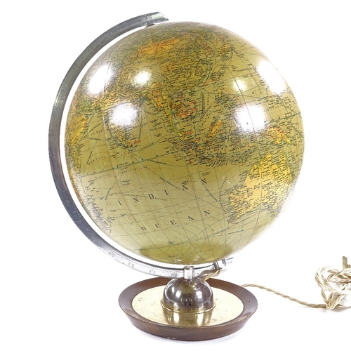 101 - JRO Globus Munich, illuminated terrestrial globe, 1961, with chrome-plate mount on turned wood and b... 