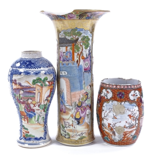 112 - 3 18th century Chinese porcelain vases, largest height 25cm, all A/F