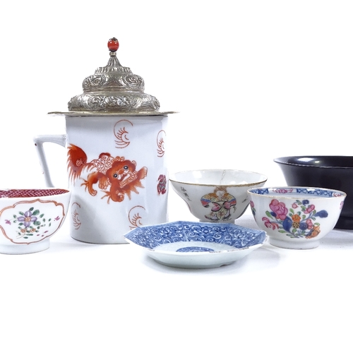 120 - A group of Oriental items, including a porcelain mug with painted Dog of Fo, height 10cm, lacquer bo... 