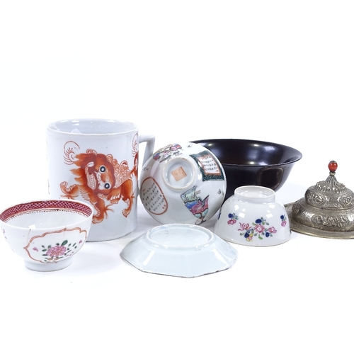 120 - A group of Oriental items, including a porcelain mug with painted Dog of Fo, height 10cm, lacquer bo... 