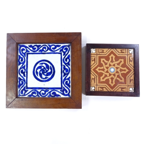 121 - An Islamic glazed pottery tile, possibly Kutahya, in wood frame, overall dimensions 26.5cm x 26.5cm,... 