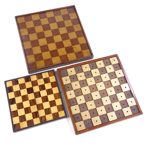 130 - An early 19th century rosewood and satinwood travelling chess board, length 23cm, a chess board for ... 