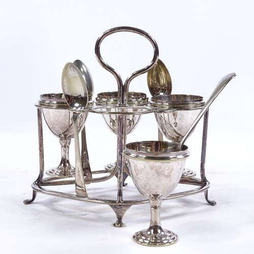 189 - An electroplate egg cruet on stand, with matching spoons