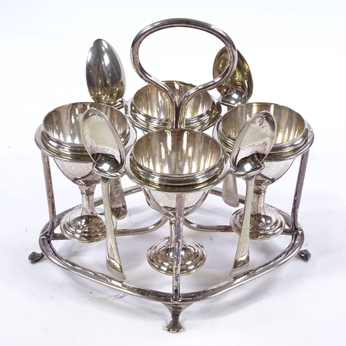 189 - An electroplate egg cruet on stand, with matching spoons