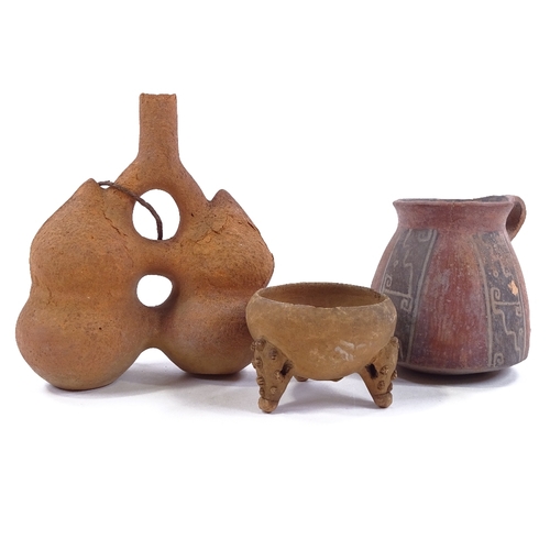 197 - 3 pieces of Ancient South American terracotta, comprising a double-body flask from Peru, height 18cm... 