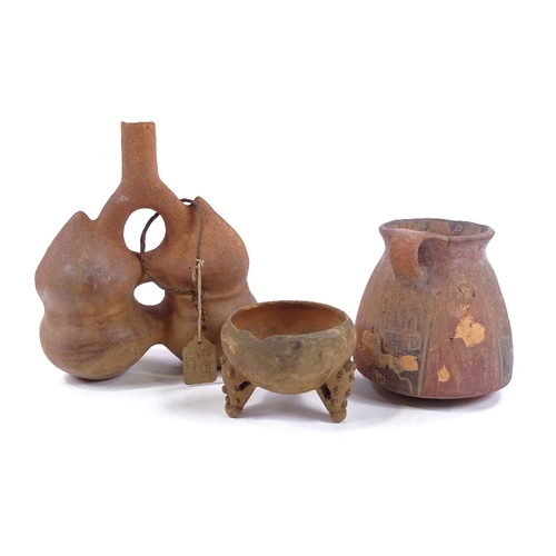 197 - 3 pieces of Ancient South American terracotta, comprising a double-body flask from Peru, height 18cm... 