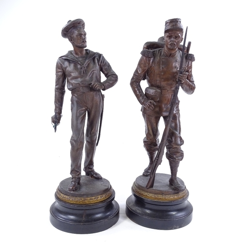 207 - After J Guillot, pair of 19th century bronze patinated spelter figures of soldier and a sailor on eb... 