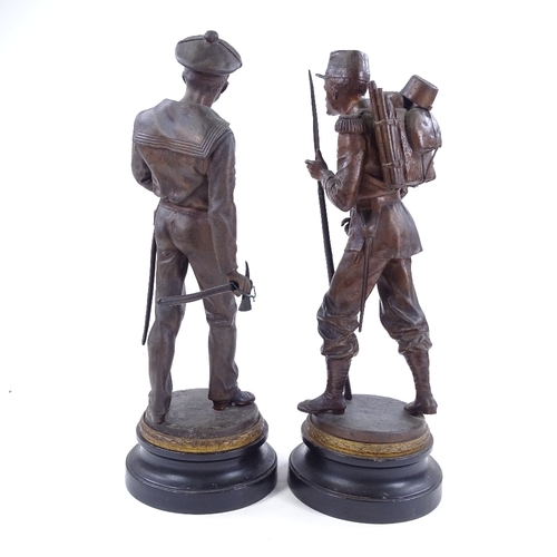 207 - After J Guillot, pair of 19th century bronze patinated spelter figures of soldier and a sailor on eb... 