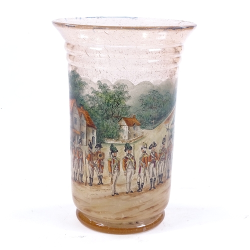 209 - An amber soda glass vase with hand painted military scene, height 21cm