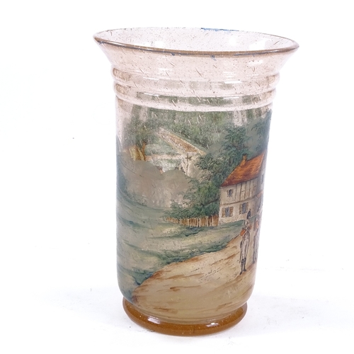 209 - An amber soda glass vase with hand painted military scene, height 21cm