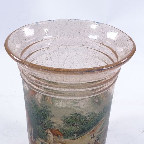 209 - An amber soda glass vase with hand painted military scene, height 21cm