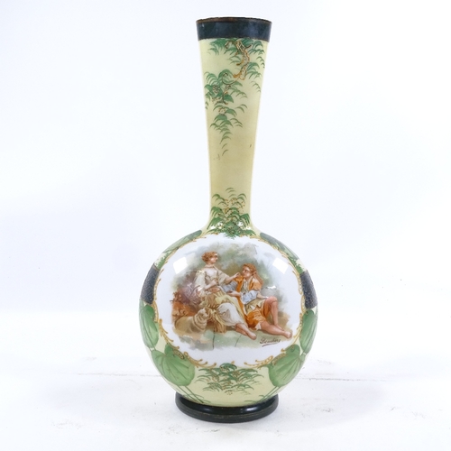 217 - A French milk glass narrow-necked vase with transfer decorated panel, signed Boucher, height 37cm