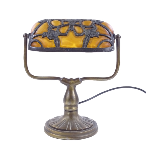 224 - A reproduction bronze and amber glass desk lamp, height 30cm