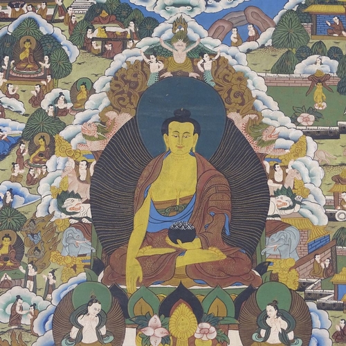 229 - An Oriental watercolour thangka on linen, depicting a seated Buddha, in green silk surround with fin... 