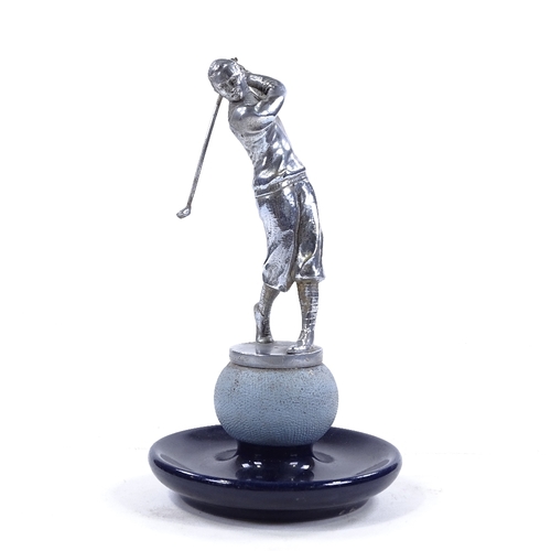 238 - A chrome plate bronze golfer car mascot, by Louis Lejeune, circa 1935, mounted on a stoneware pedest... 