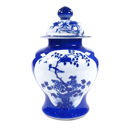 254 - A Chinese blue and white porcelain jar and cover, hand painted bird decorated panels, height 31cm