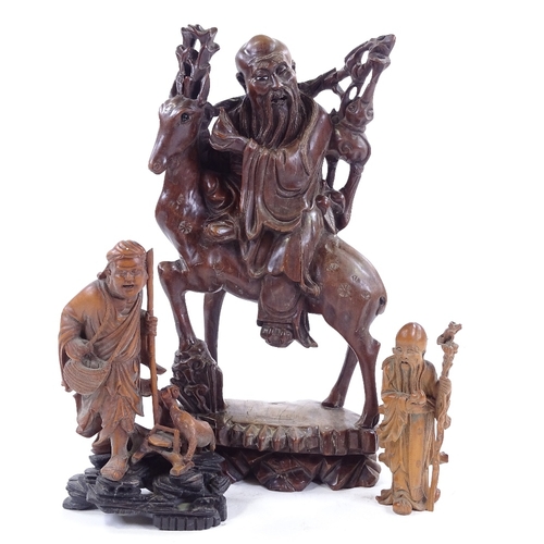 257 - 3 Chinese wood carvings, circa 1900, largest height 35cm