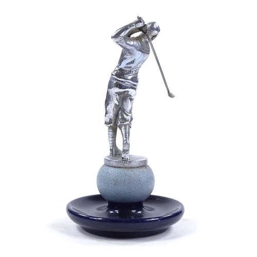 238 - A chrome plate bronze golfer car mascot, by Louis Lejeune, circa 1935, mounted on a stoneware pedest... 