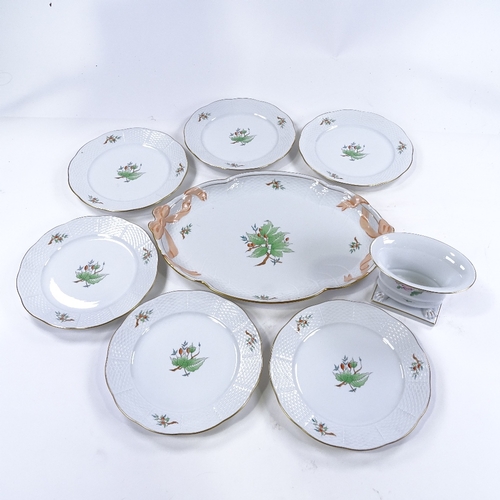 250 - A set of 6 Herend plates with rosehip designs and matching serving tray, and a Herend porcelain vase