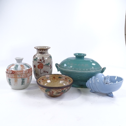 267 - A group of Oriental porcelain items, including a green glazed tureen and cover, length 25cm