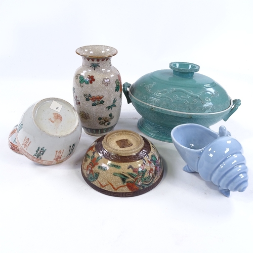 267 - A group of Oriental porcelain items, including a green glazed tureen and cover, length 25cm