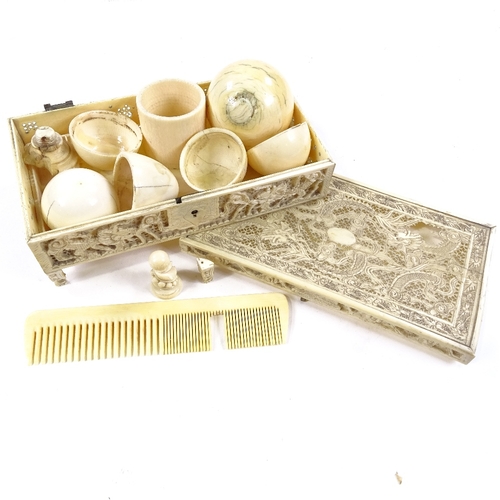 271 - A group of ivory items, including a Cantonese carved and pierced fretwork dragon design box, length ... 