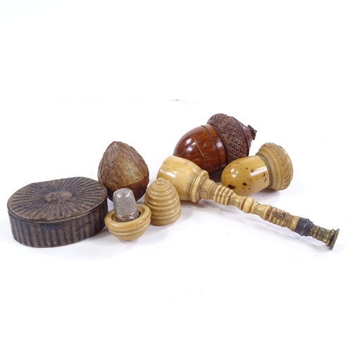 272 - A group of Antique treen items, including an acorn-shaped box, height 7cm, bone-handled desk seal et... 