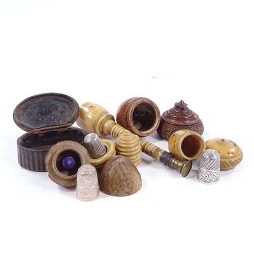 272 - A group of Antique treen items, including an acorn-shaped box, height 7cm, bone-handled desk seal et... 