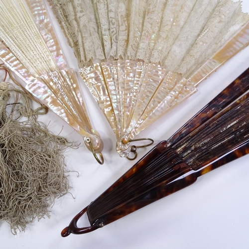 285 - A group of Antique fans, including mother-of-pearl and lace, a tortoiseshell fan frame, and fan tass... 