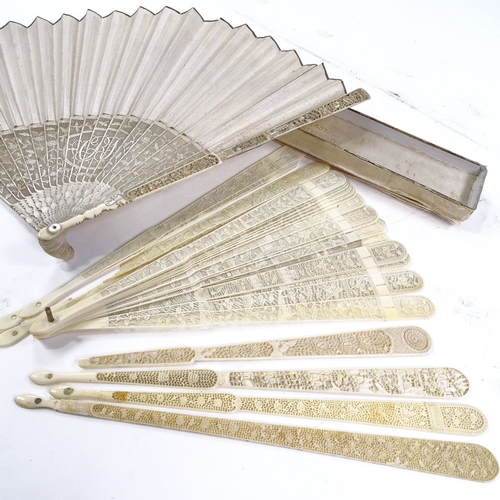 287 - An 18th century Chinese carved ivory fan, and an incomplete 18th century Chinese ivory fan with some... 