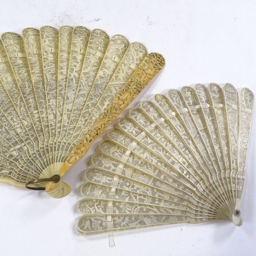 288 - A 19th century Chinese carved ivory fan, and a similar ivory fan with no guards