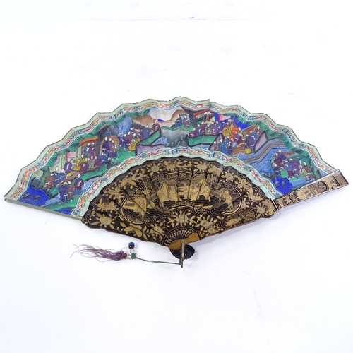 290 - A Chinese gilded and lacquered fan, circa 1900, with hand painted paper screen