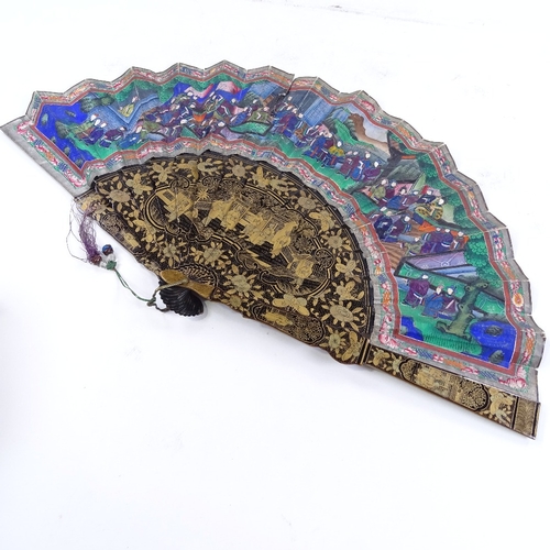 290 - A Chinese gilded and lacquered fan, circa 1900, with hand painted paper screen