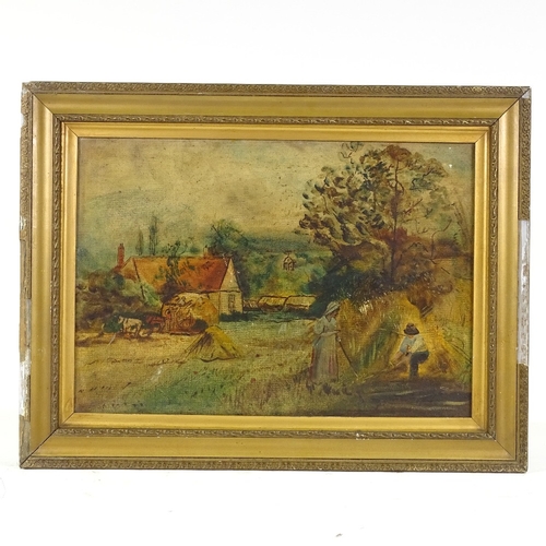 1209 - Early 20th century oil on board, harvest scene, indistinctly signed, 14