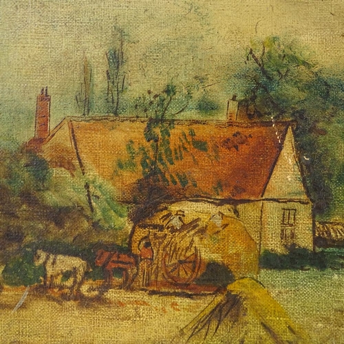 1209 - Early 20th century oil on board, harvest scene, indistinctly signed, 14