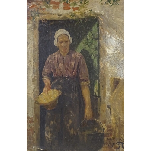 1230 - Hugo Vogel (1855 - 1934), oil on board, maid in farmhouse doorway, unsigned, 26