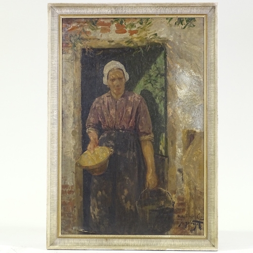 1230 - Hugo Vogel (1855 - 1934), oil on board, maid in farmhouse doorway, unsigned, 26