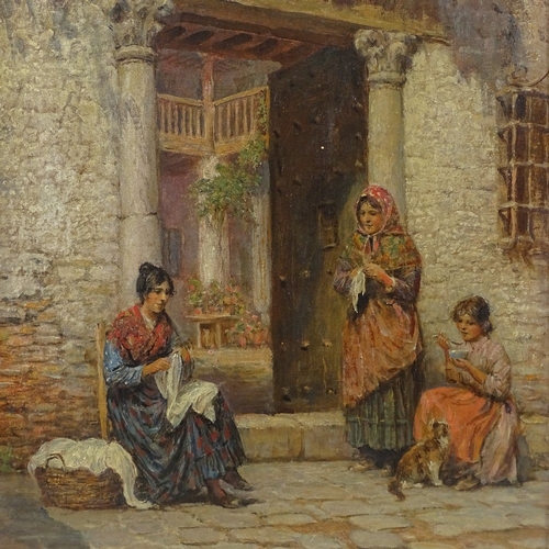 1238 - Trevor Haddon, oil on canvas, women outside a doorway, signed, 18