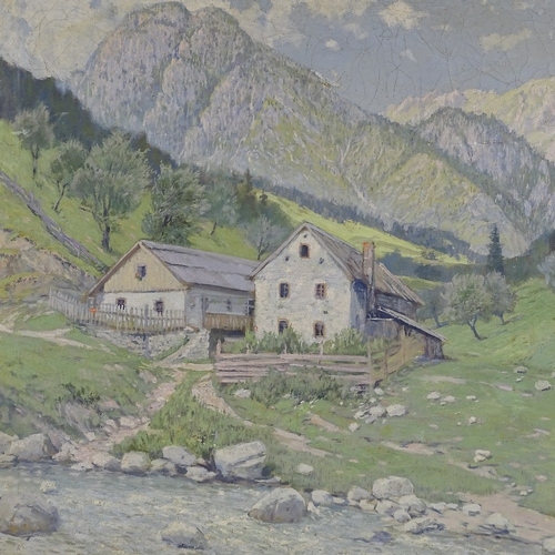 1242 - Graje?, early 20th century oil on canvas, Alpine chalets, indistinctly signed, original label on str... 