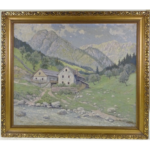 1242 - Graje?, early 20th century oil on canvas, Alpine chalets, indistinctly signed, original label on str... 