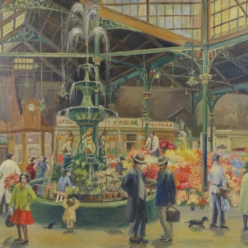 1243 - Mid-20th century oil on canvas, St Hellier Flower Market Jersey, indistinctly signed, 28