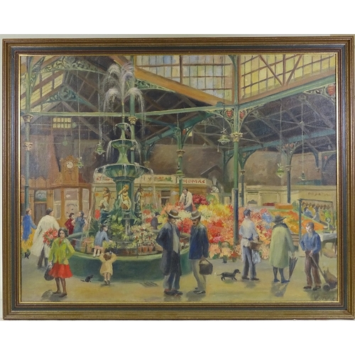 1243 - Mid-20th century oil on canvas, St Hellier Flower Market Jersey, indistinctly signed, 28